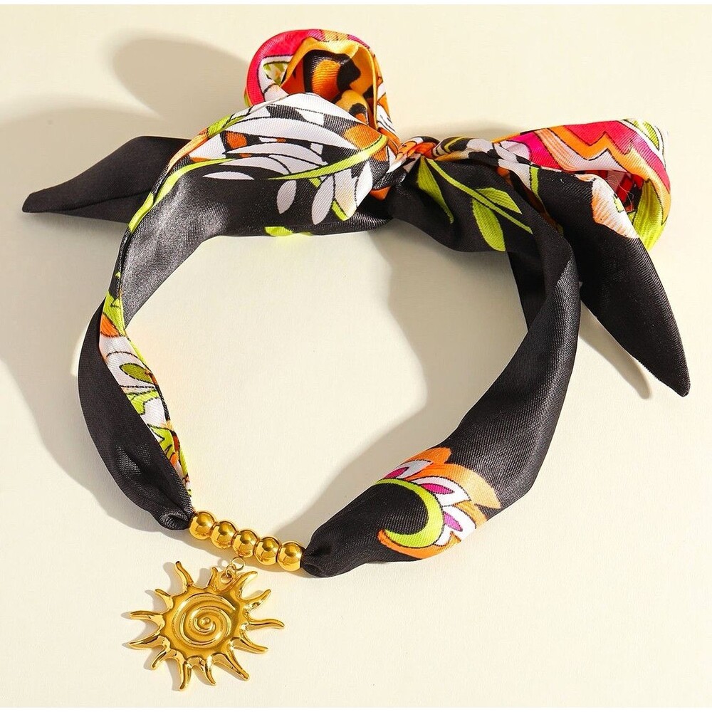 Black Floral Scarf Necklace 18K Gold Plated Sun Pendant Adjustable Statement